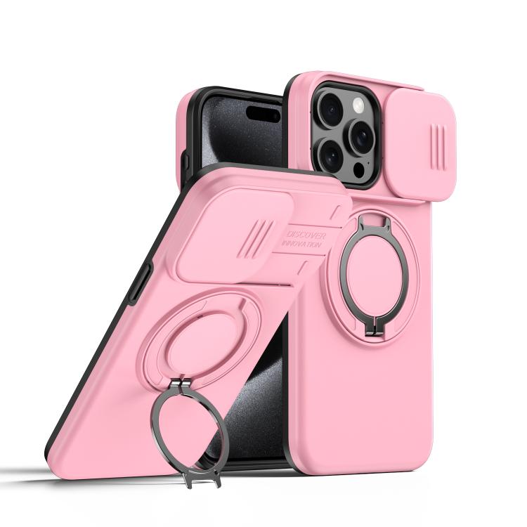 For iPhone 15 Pro Camera Sliding Shield Magnetic Rotation Holder Phone Case(Pink)