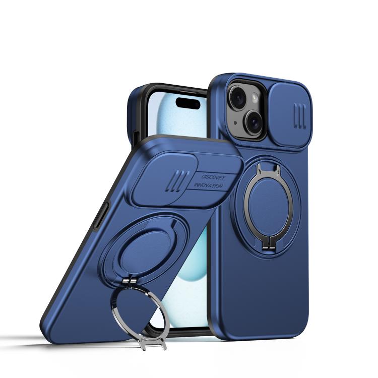 

For iPhone 15 Camera Sliding Shield Magnetic Rotation Holder Phone Case(Blue)