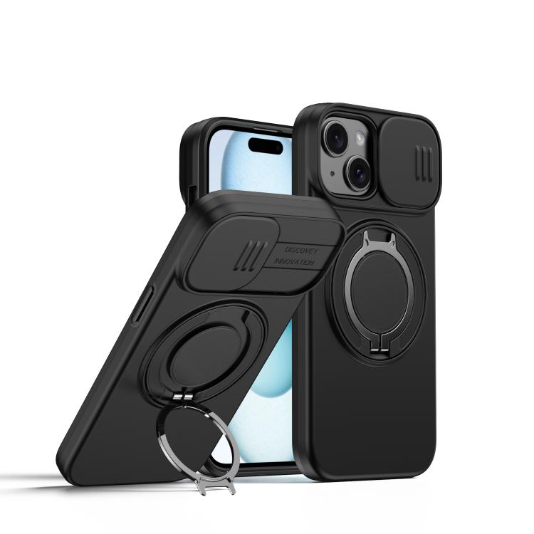 

For iPhone 14 / 13 Camera Sliding Shield Magnetic Rotation Holder Phone Case(Black)
