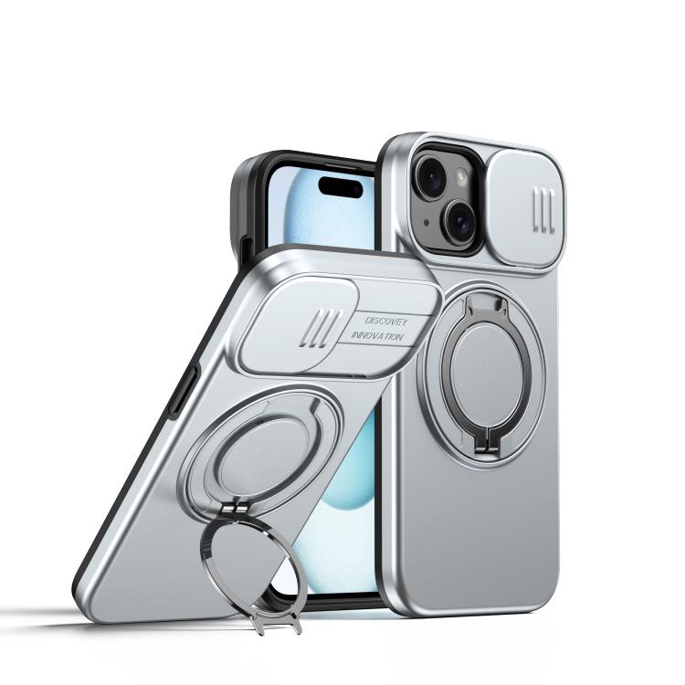 For iPhone 14 / 13 Camera Sliding Shield Magnetic Rotation Holder Phone Case(Silver)