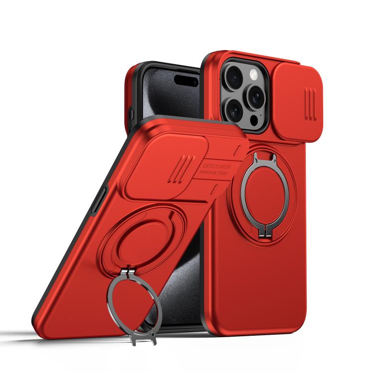 For iPhone 14 Pro Max Camera Sliding Shield Magnetic Rotation Holder Phone Case(Red)