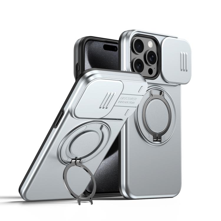 

For iPhone 13 Pro Max / 12 Pro Max Camera Sliding Shield Magnetic Rotation Holder Phone Case(Silver)