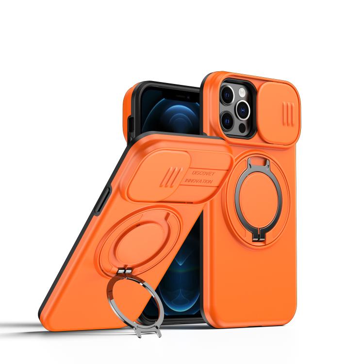 

For iPhone 12 / 12 Pro Camera Sliding Shield Magnetic Rotation Holder Phone Case(Orange)
