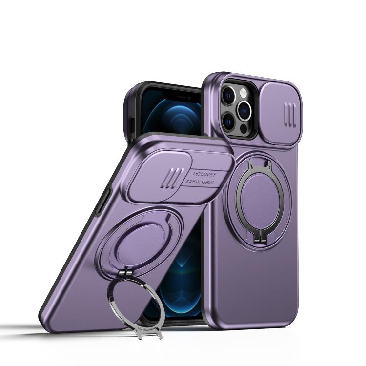 

For iPhone 12 / 12 Pro Camera Sliding Shield Magnetic Rotation Holder Phone Case(Purple)
