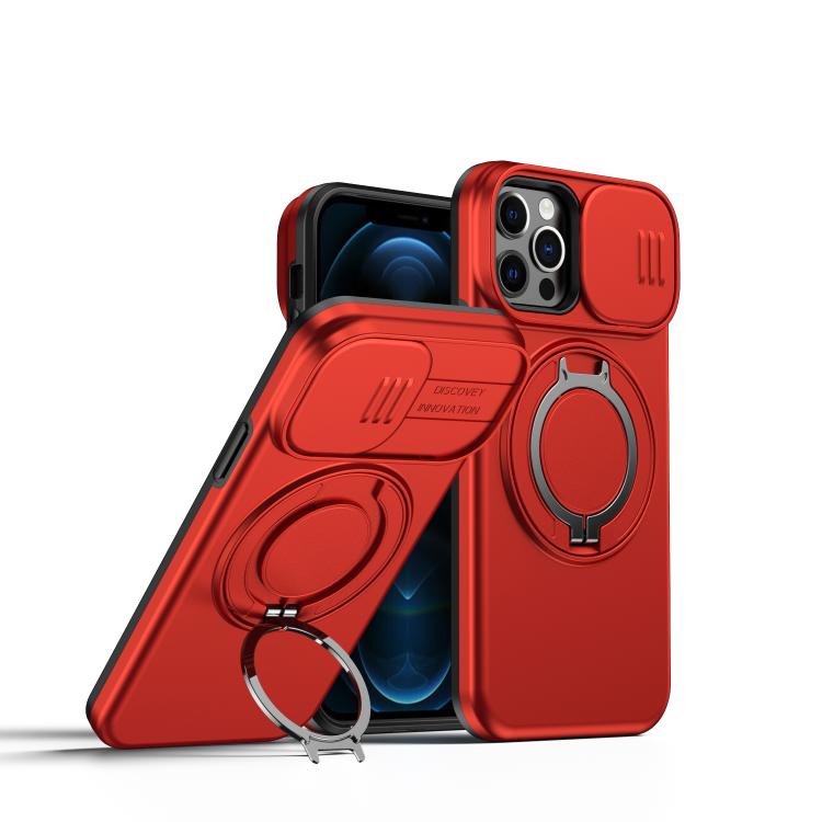 For iPhone 12 / 12 Pro Camera Sliding Shield Magnetic Rotation Holder Phone Case(Red)