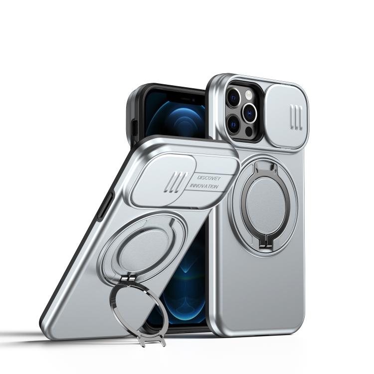 

For iPhone 12 / 12 Pro Camera Sliding Shield Magnetic Rotation Holder Phone Case(Silver)