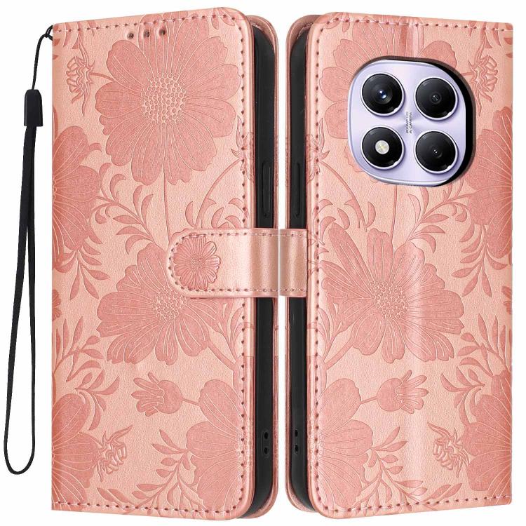 

For Redmi Note 15 Pro 4G Global 163.2mm Sunflower Embossed Vegan Leather Phone Case with Small Black Rope(Rose Gold)