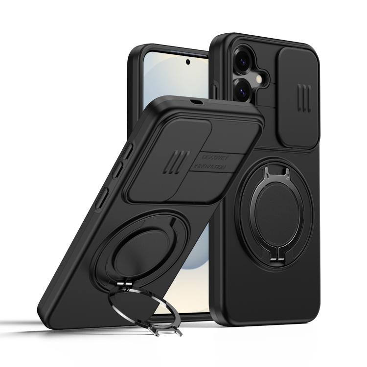 For Galaxy S25 / S24 5G Camera Sliding Shield Magnetic Rotation Holder Phone Case(Black)