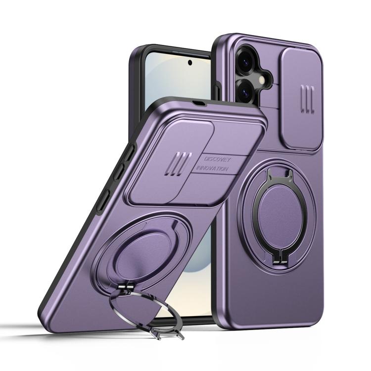 

For Samsung Galaxy S25 / S24 5G Camera Sliding Shield Magnetic Rotation Holder Phone Case(Purple)