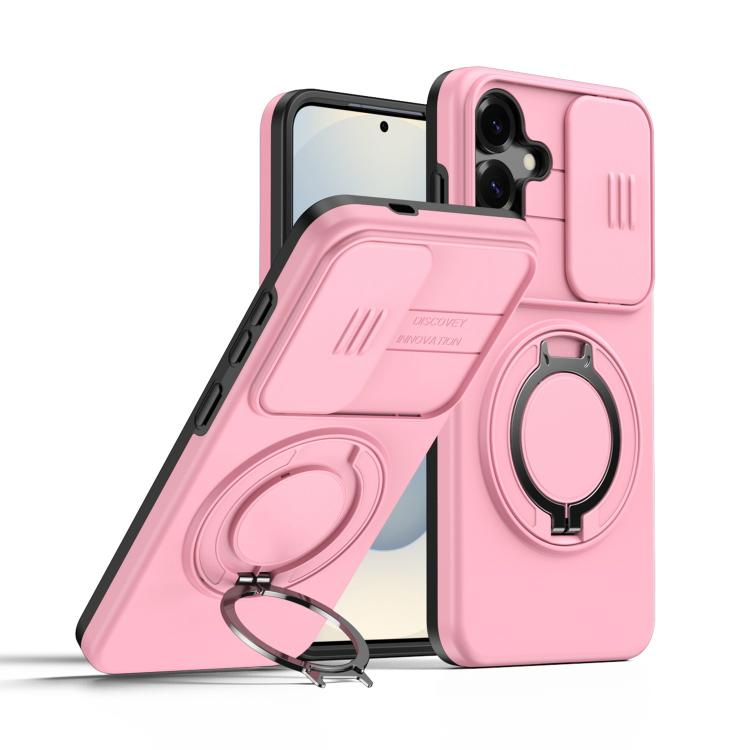 

For Samsung Galaxy S25+ / S24+ 5G Camera Sliding Shield Magnetic Rotation Holder Phone Case(Pink)