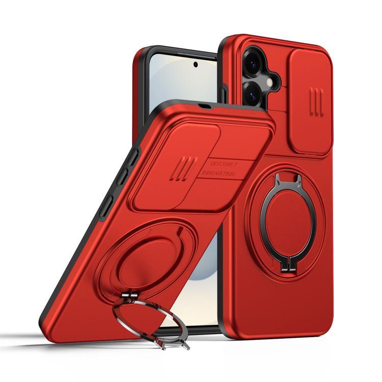 For Galaxy S25+ / S24+ 5G Camera Sliding Shield Magnetic Rotation Holder Phone Case(Red)