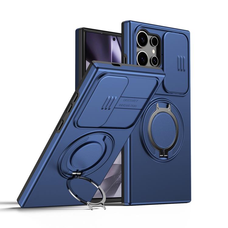 For Galaxy S24 Ultra 5G Camera Sliding Shield Magnetic Rotation Holder Phone Case(Blue)