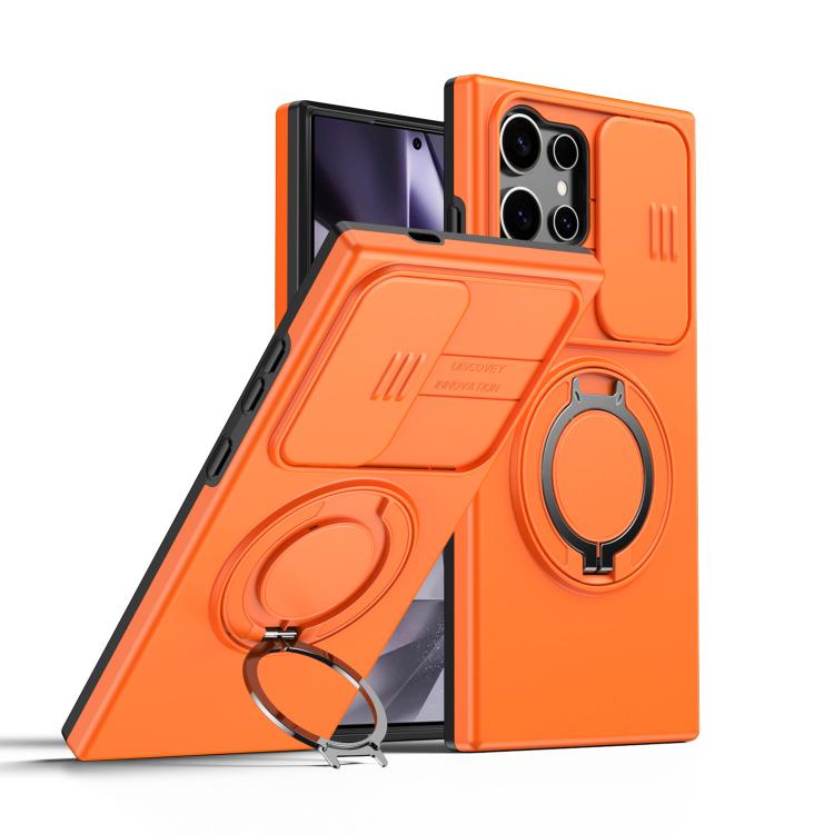 

For Samsung Galaxy S24 Ultra 5G Camera Sliding Shield Magnetic Rotation Holder Phone Case(Orange)