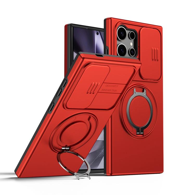 

For Samsung Galaxy S24 Ultra 5G Camera Sliding Shield Magnetic Rotation Holder Phone Case(Red)
