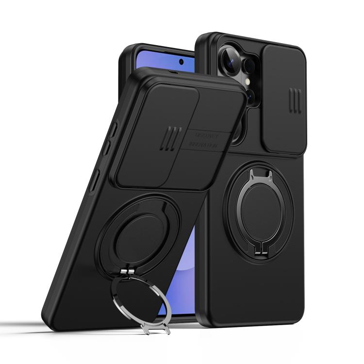 

For Samsung Galaxy S25 Ultra 5G Camera Sliding Shield Magnetic Rotation Holder Phone Case(Black)