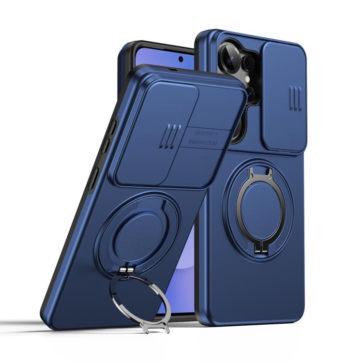 

For Samsung Galaxy S25 Ultra 5G Camera Sliding Shield Magnetic Rotation Holder Phone Case(Blue)