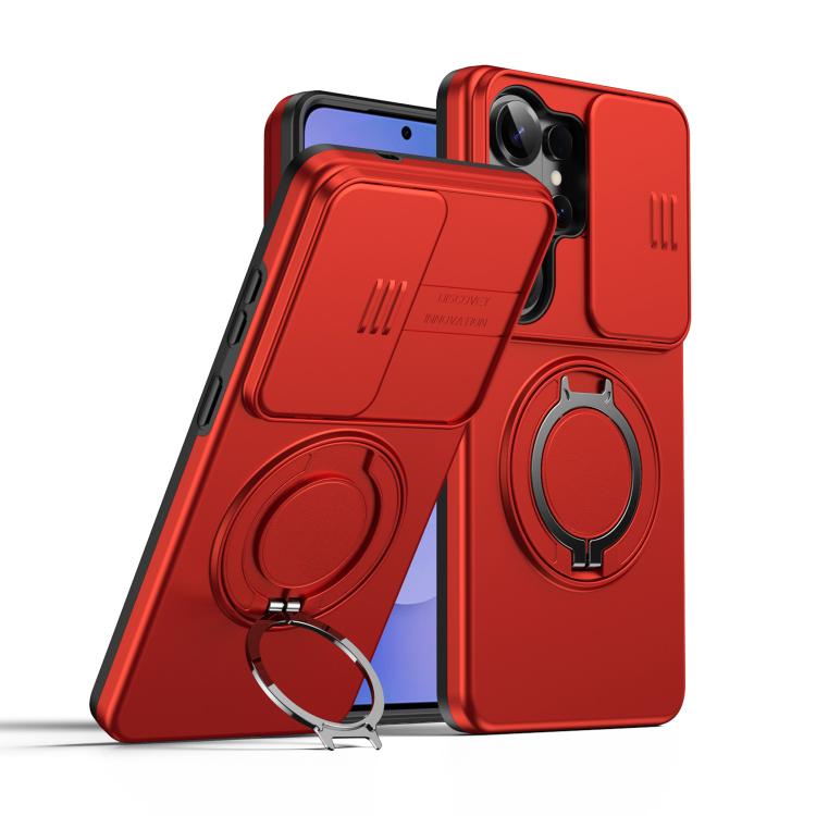 For Galaxy S25 Ultra 5G Camera Sliding Shield Magnetic Rotation Holder Phone Case(Red)