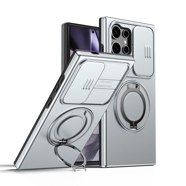 

For Samsung Galaxy S23 Ultra / S22 Ultra Camera Sliding Shield Magnetic Rotation Holder Phone Case(Silver)