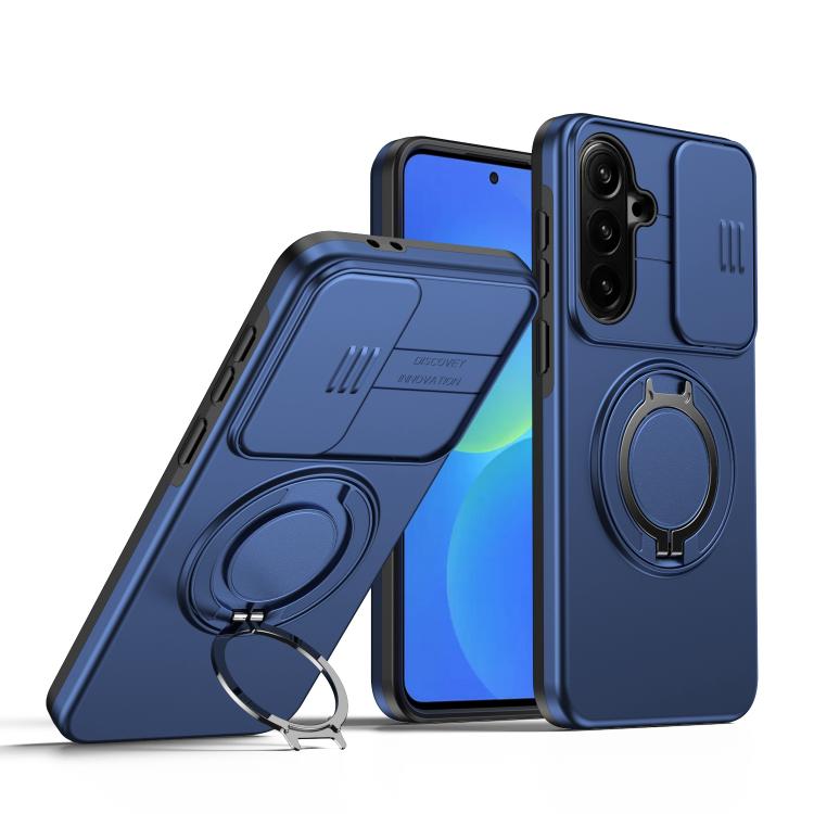 For Galaxy S25 FE 5G Camera Sliding Shield Magnetic Rotation Holder Phone Case(Blue)
