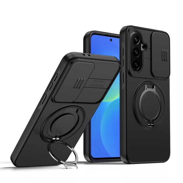 For Galaxy S24 FE 5G Camera Sliding Shield Magnetic Rotation Holder Phone Case(Black)
