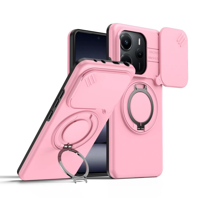 

For Redmi Note 14 4G / 5G Camera Sliding Shield Magnetic Rotation Holder Phone Case(Pink)