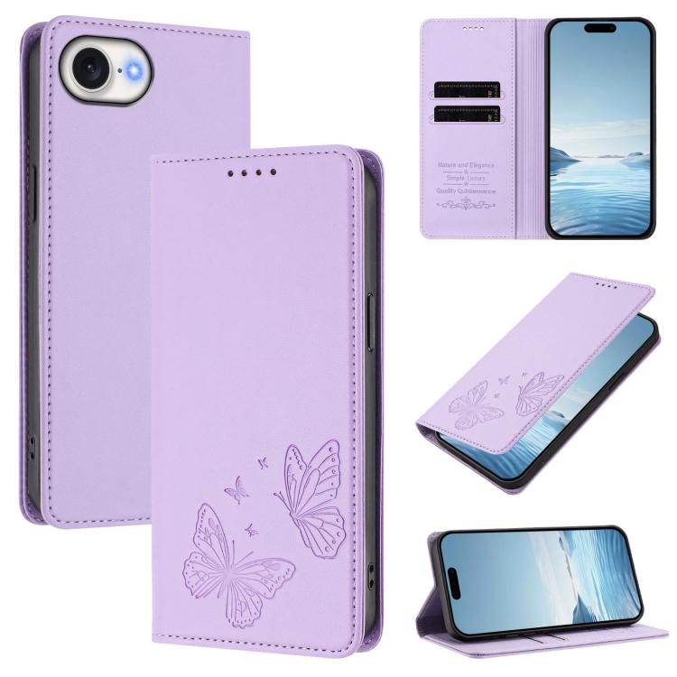 

For iPhone 17e / 16e Strong Magnetic Dual Butterfly RFID Vegan Leather Phone Case(Light Purple)