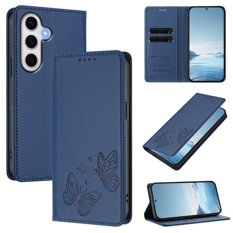 

For Galaxy S24 FE 5G Strong Magnetic Dual Butterfly RFID Vegan Leather Phone Case(Dark Blue)
