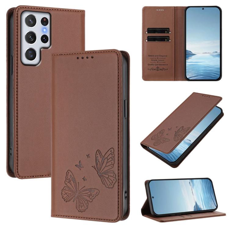 

For Galaxy S22 Ultra 5G Strong Magnetic Dual Butterfly RFID Vegan Leather Phone Case(Brown)