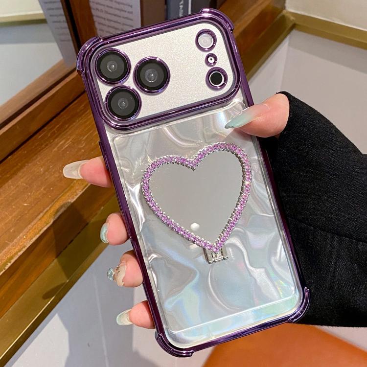

For iPhone 17 Pro Max Heart-shaped Mirror Electroplated TPU + Acrylic Phone Case with Holder(Purple)