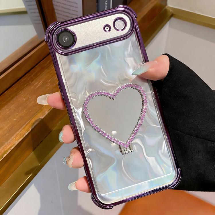 For iPhone Air Heart-shaped Mirror Electroplated TPU + Acrylic Phone Case with Holder(Purple)
