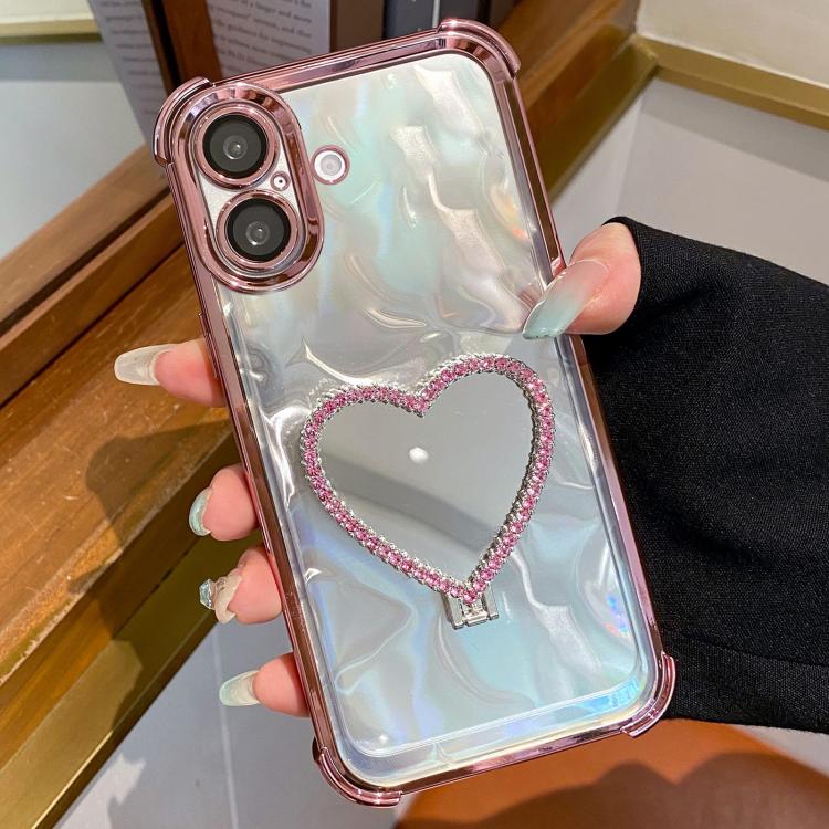 For iPhone 16 Heart-shaped Mirror Electroplated TPU + Acrylic Phone Case with Holder(Pink)