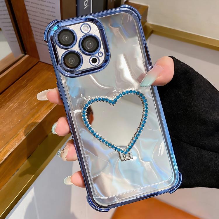 

For iPhone 13 Pro Max Heart-shaped Mirror Electroplated TPU + Acrylic Phone Case with Holder(Blue)