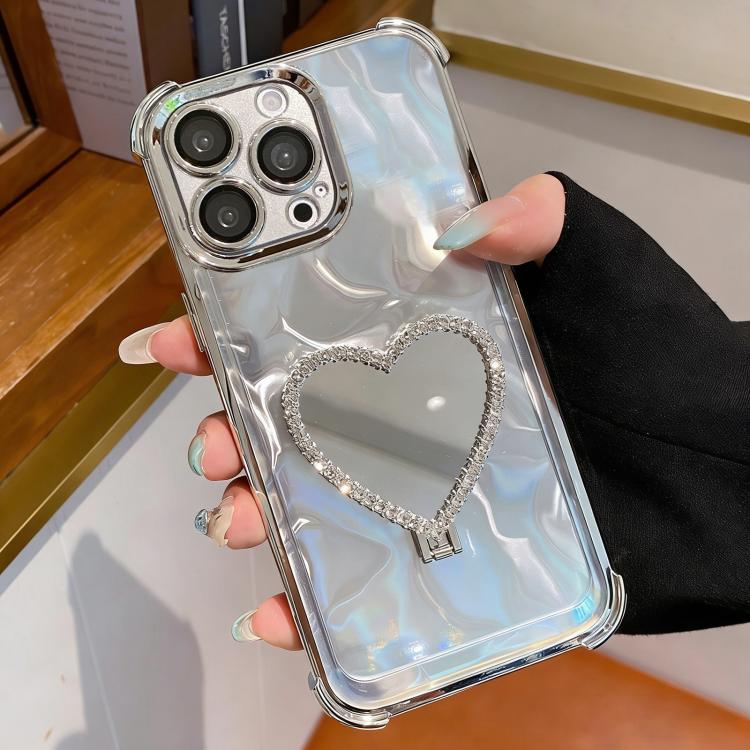 For iPhone 13 Pro Max Heart-shaped Mirror Electroplated TPU + Acrylic Phone Case with Holder(Silver)
