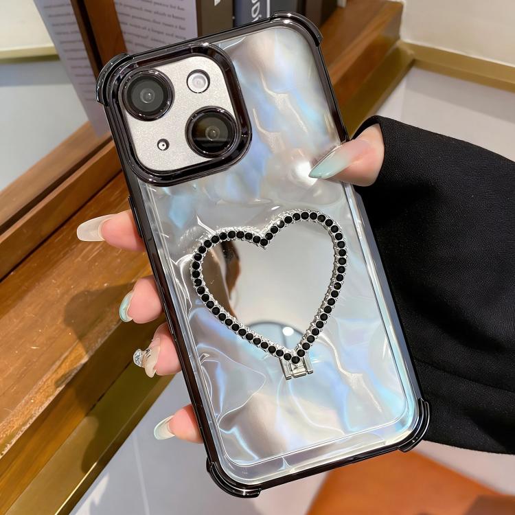 

For iPhone 13 Heart-shaped Mirror Electroplated TPU + Acrylic Phone Case with Holder(Black)