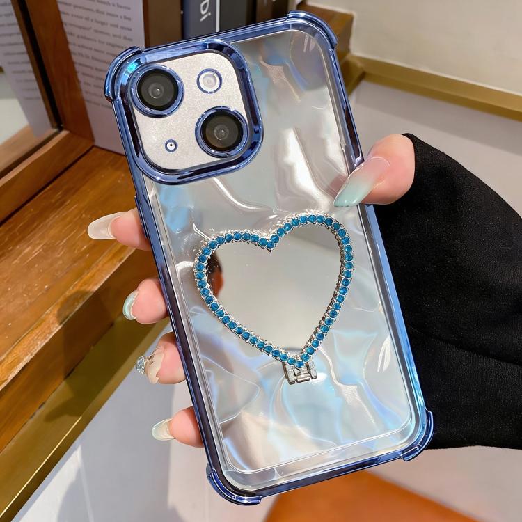 

For iPhone 13 Heart-shaped Mirror Electroplated TPU + Acrylic Phone Case with Holder(Blue)