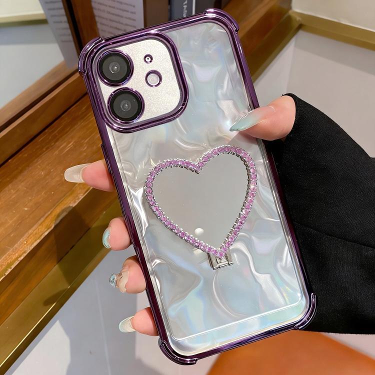

For iPhone 12 Heart-shaped Mirror Electroplated TPU + Acrylic Phone Case with Holder(Purple)