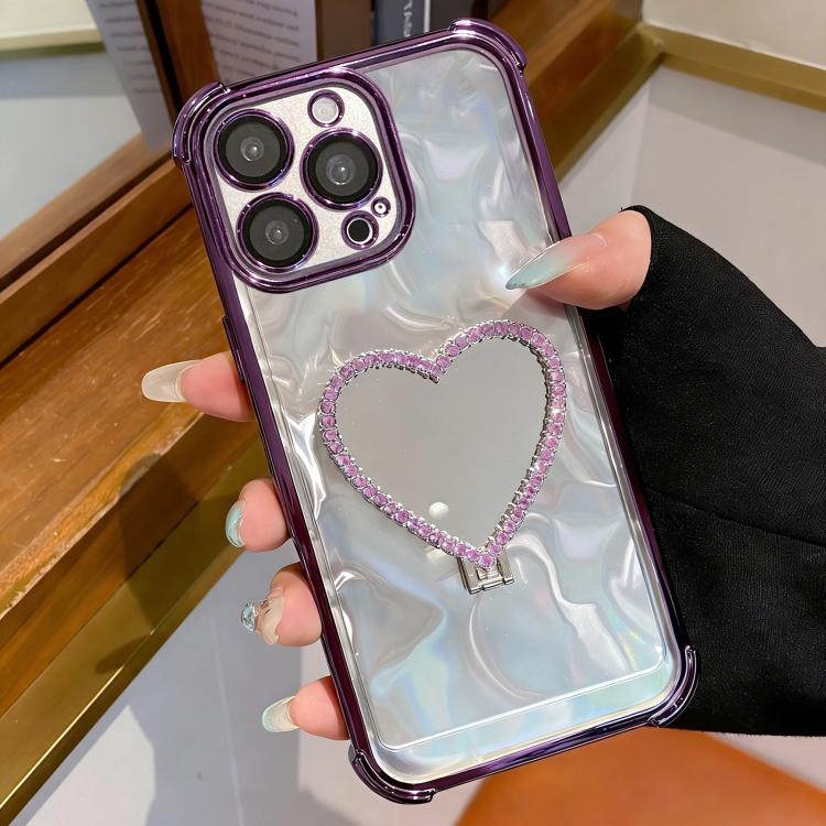 For iPhone 12 Pro Max Heart-shaped Mirror Electroplated TPU + Acrylic Phone Case with Holder(Purple)