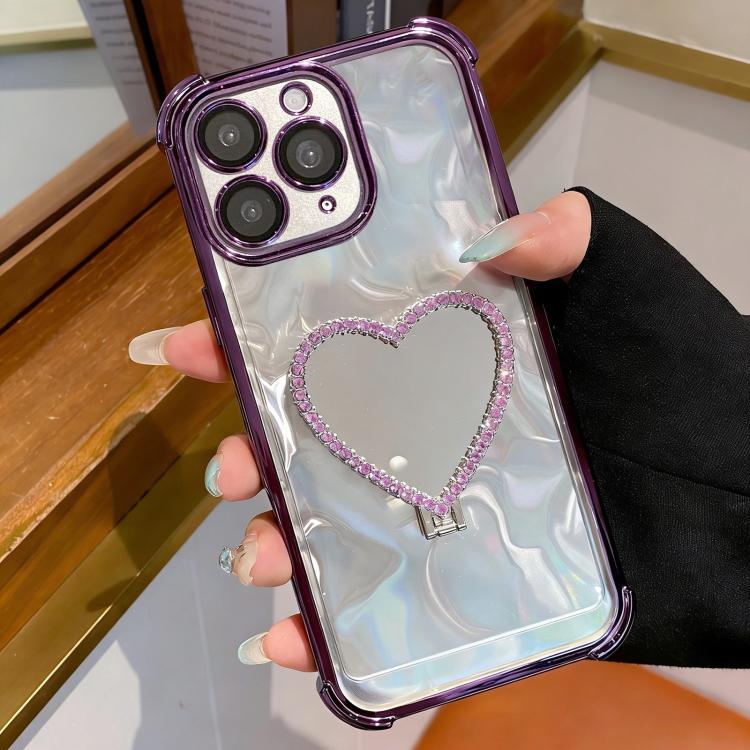 

For iPhone 11 Pro Heart-shaped Mirror Electroplated TPU + Acrylic Phone Case with Holder(Purple)