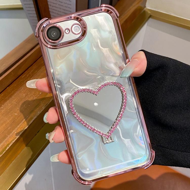 For iPhone 16e / 17e Heart-shaped Mirror Electroplated TPU + Acrylic Phone Case with Holder(Pink)