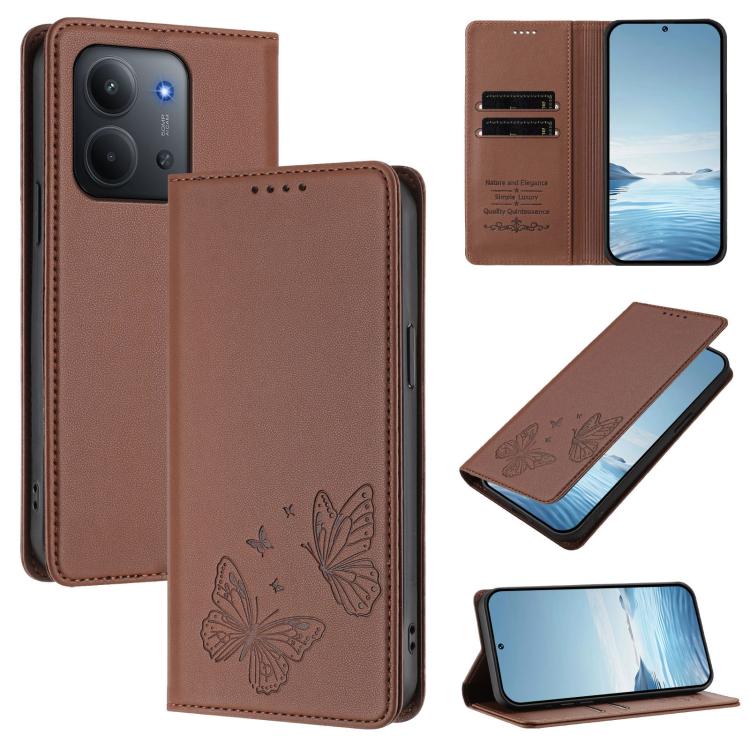 

For Redmi 15C 5G / 4G EU 173mm / Poco C85 5G Strong Magnetic Dual Butterfly RFID Vegan Leather Phone Case(Brown)