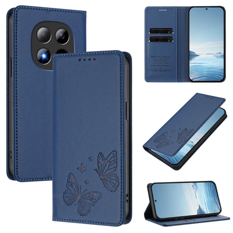 

For Redmi Note 15 Pro 5G Global 163.6mm Strong Magnetic Dual Butterfly RFID Vegan Leather Phone Case(Dark Blue)