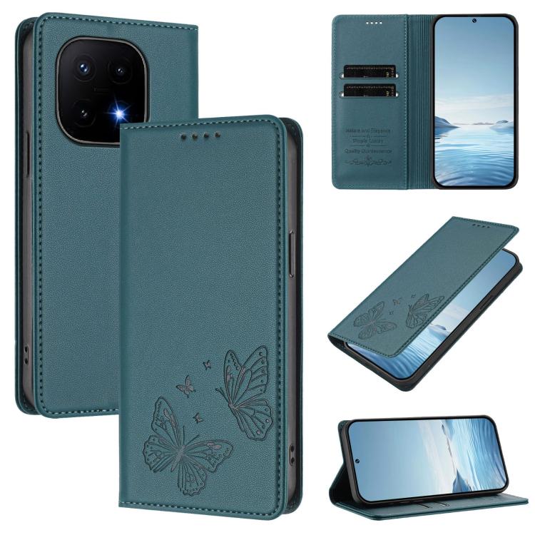 For vivo iQOO 15 5G Strong Magnetic Dual Butterfly RFID Vegan Leather Phone Case(Peacock Green)