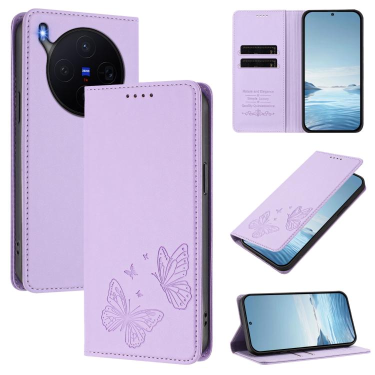 For vivo X300 Strong Magnetic Dual Butterfly RFID Vegan Leather Phone Case(Light Purple)