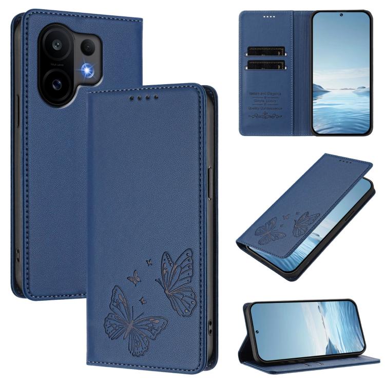 For vivo S30 Strong Magnetic Dual Butterfly RFID Vegan Leather Phone Case(Dark Blue)