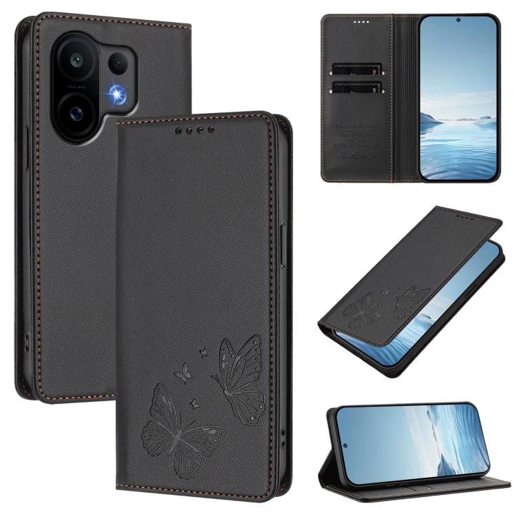 For vivo S30 Strong Magnetic Dual Butterfly RFID Vegan Leather Phone Case(Black) — купить у Sunsky-online WW