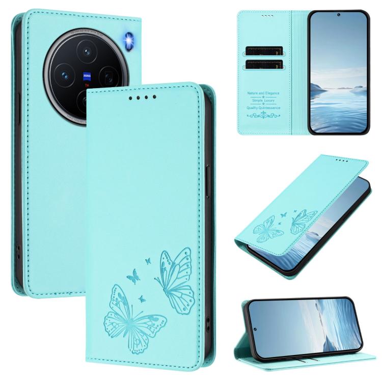 For vivo X200 5G Strong Magnetic Dual Butterfly RFID Vegan Leather Phone Case(Mint Green)