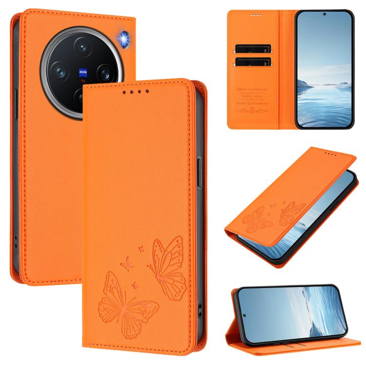 For vivo X200 Pro mini Strong Magnetic Dual Butterfly RFID Vegan Leather Phone Case(Orange)