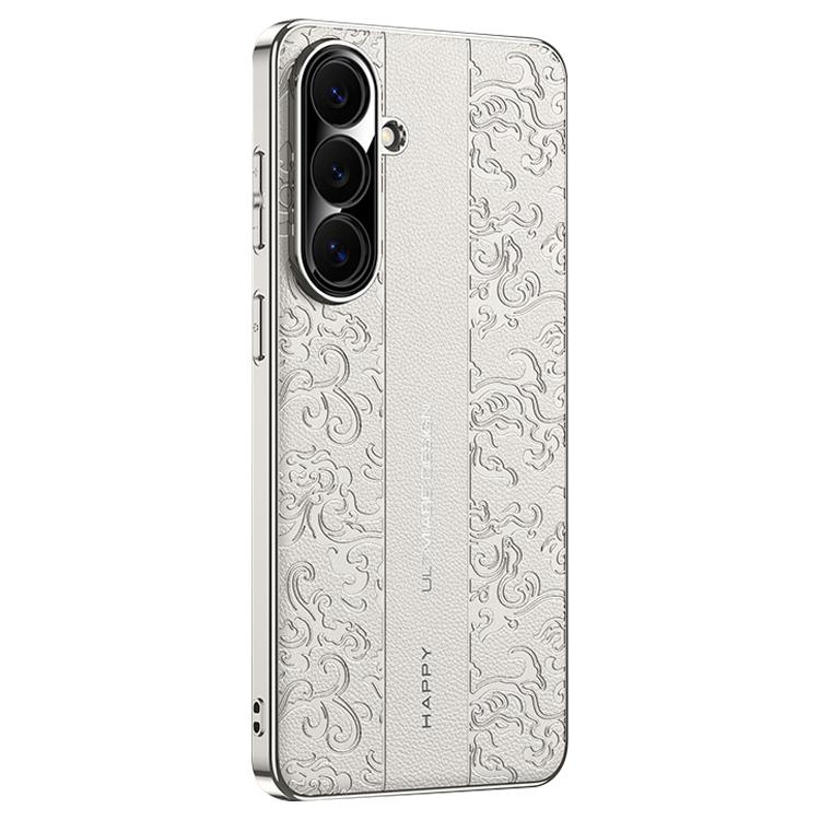 For Samsung Galaxy S25+ 5G Cloud Dragon Pattern Plain Leather PC Phone Case(White)
