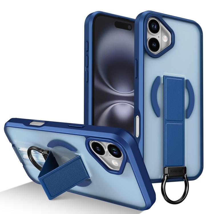 For iPhone 16 Plus Skin-Friendly D-Ring Holder Magnetic Shockproof Phone Case(Blue)