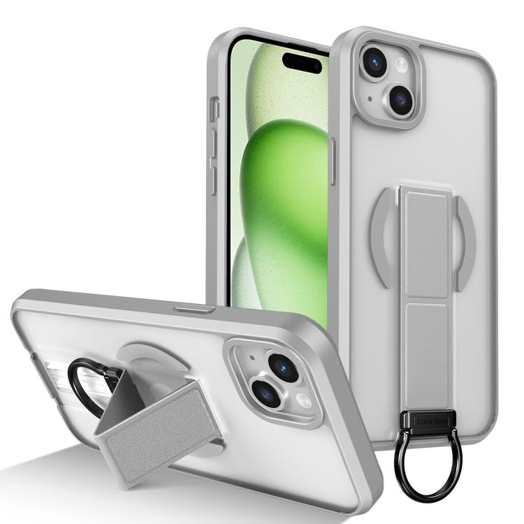 

For iPhone 15 Plus Skin-Friendly D-Ring Holder Magnetic Shockproof Phone Case(Gray)